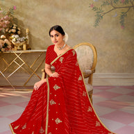 Red embroidered chiffon saree daily wear