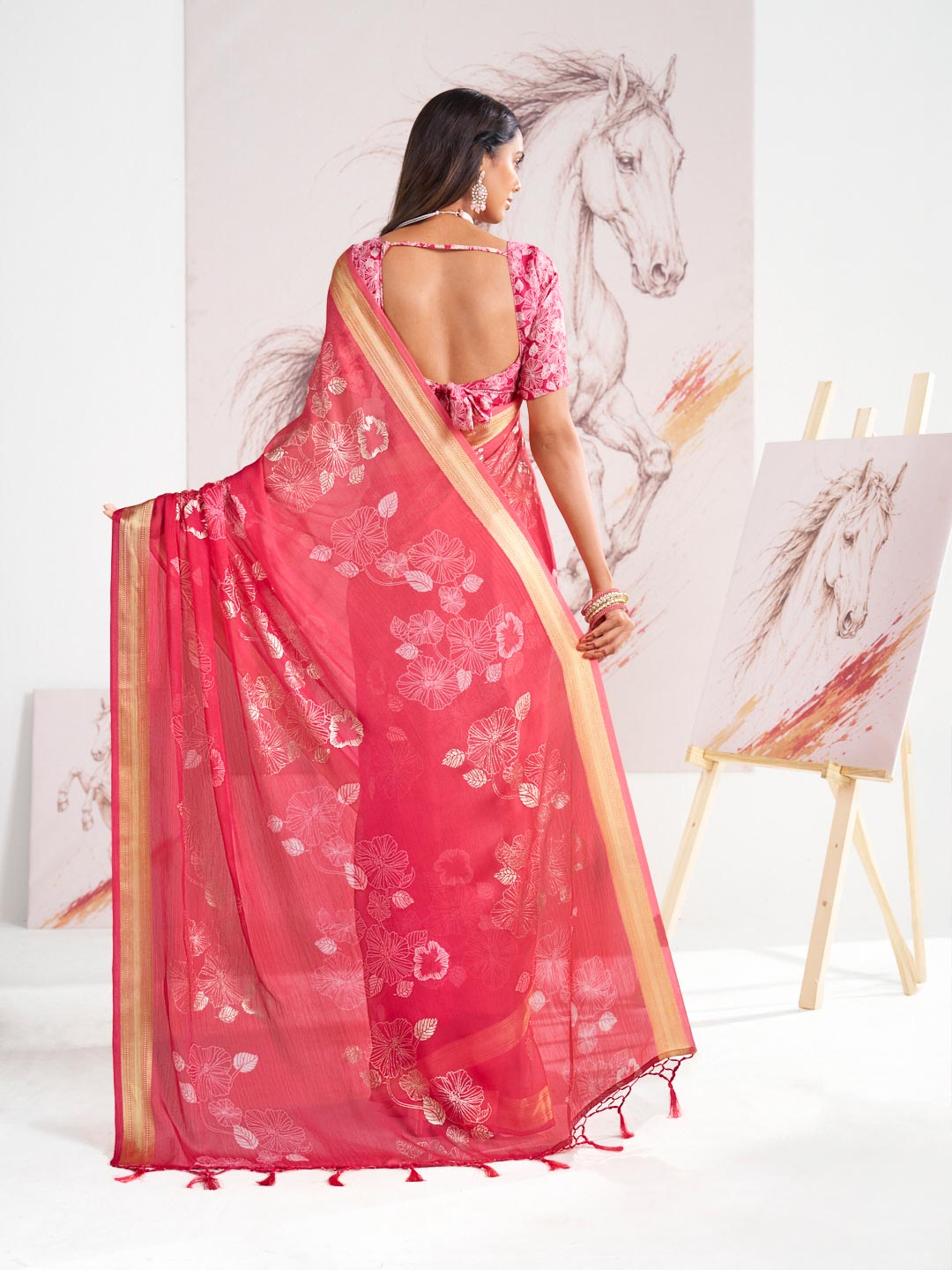Laxmipati Murli Pink Chiffon Floral Saree