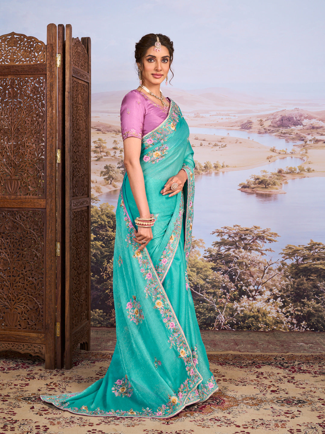 Blue embroidered silk blend saree ethnic wear