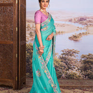 Blue embroidered silk blend saree ethnic wear