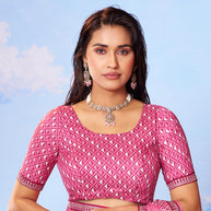 Pink geometric printed chiffon saree wedding wear