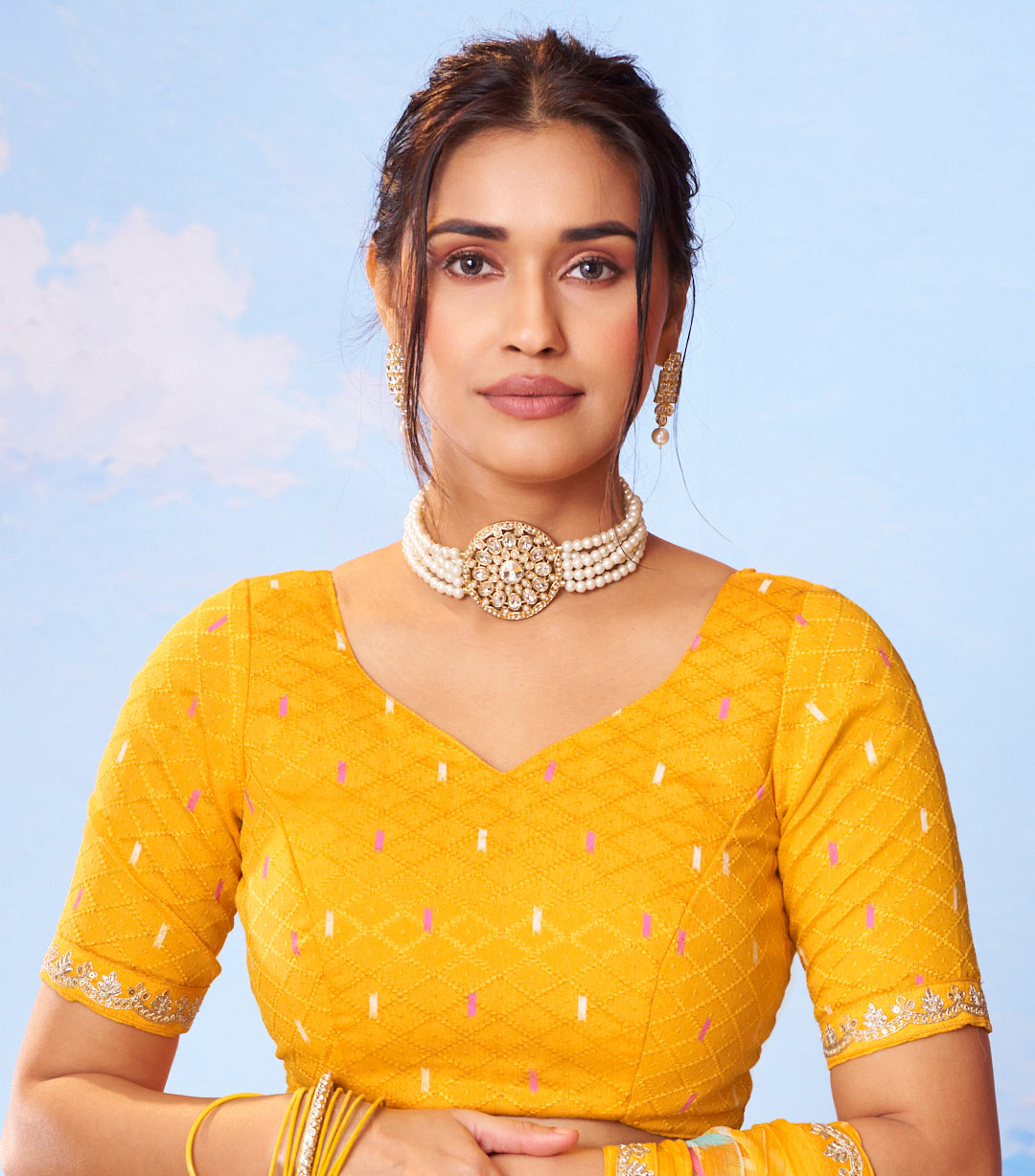 Yellow printed silk saree traditional wear