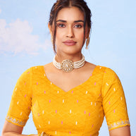 Yellow printed silk saree traditional wear