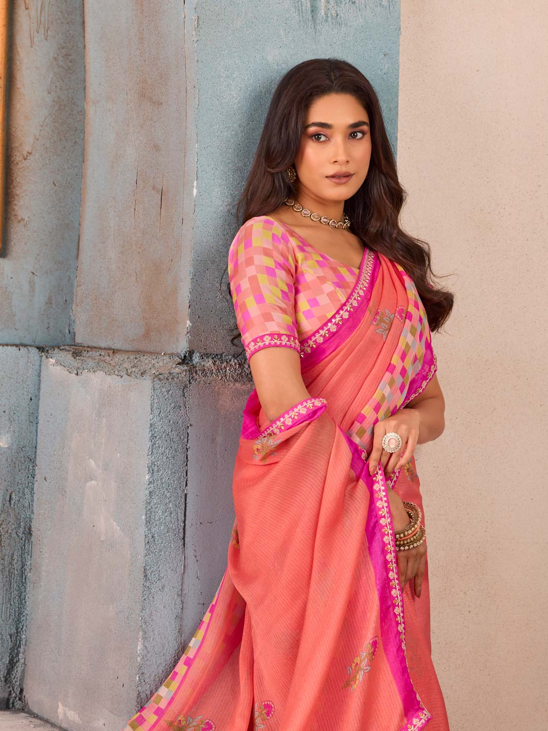 Pink floral printed silk blend saree wedding wear