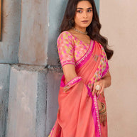 Pink floral printed silk blend saree wedding wear