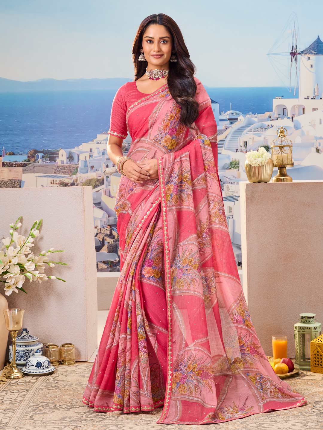 Pink floral chiffon saree