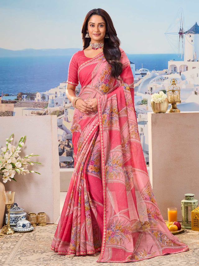 Pink floral chiffon saree