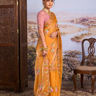 Orange floral embroidered chiffon saree casual wear