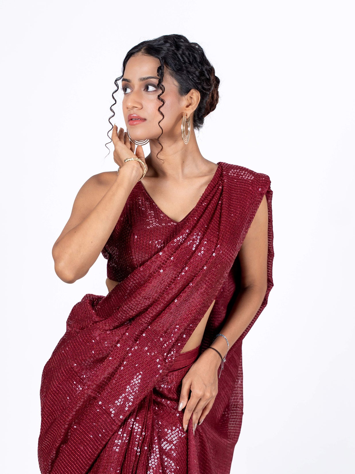 Maroon sequin embroidered georgette saree wedding wear