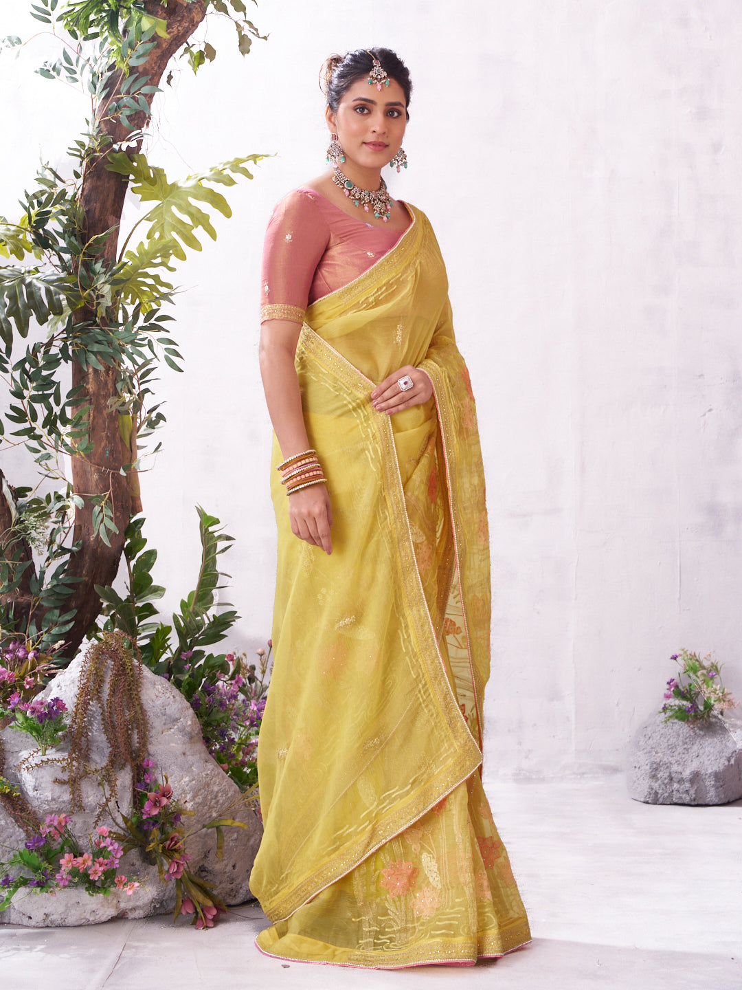 Yellow designer butterfly saree festive wear