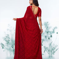 Red floral printed georgette saree party wear