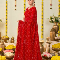 Red bandhani printed georgette saree daily wear