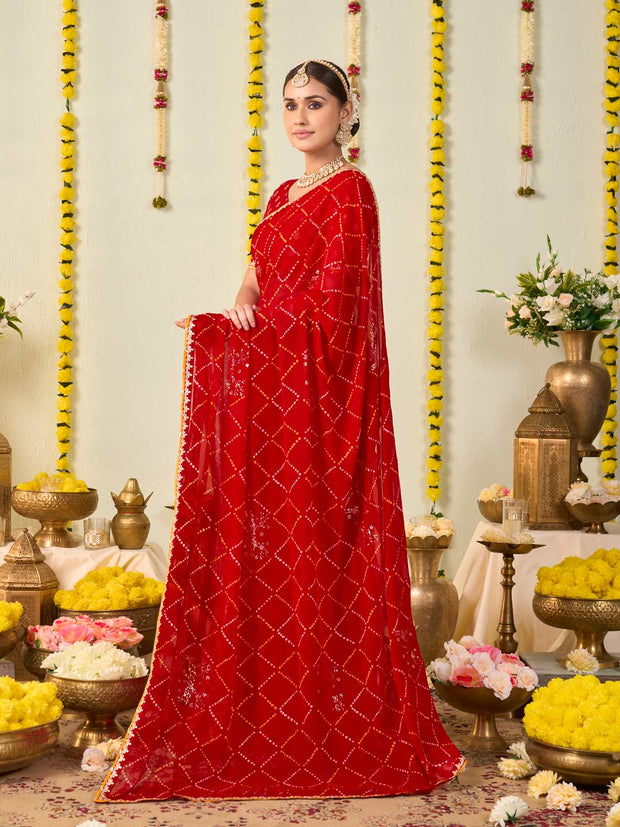 Red bandhani printed georgette saree daily wear