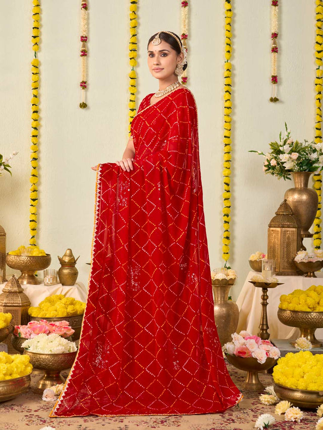 Red bandhani printed georgette saree daily wear