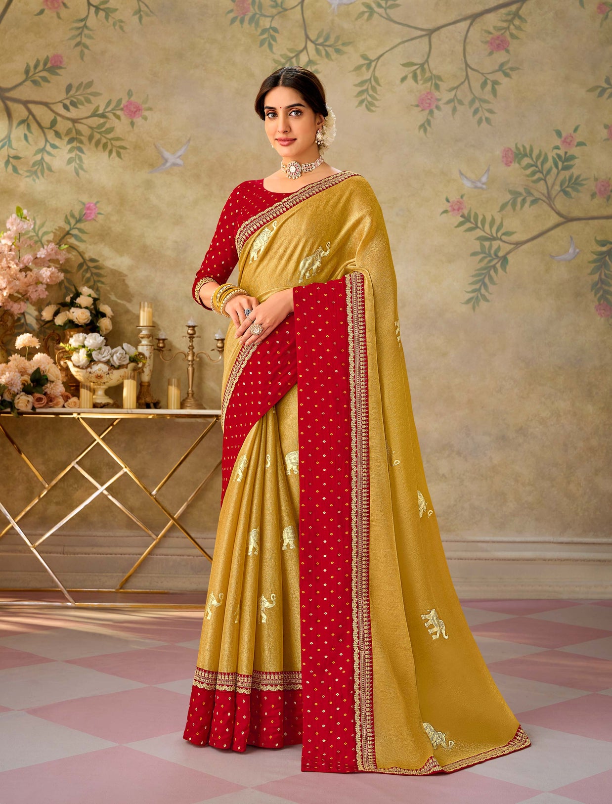 Mustard embroidered chiffon saree party wear