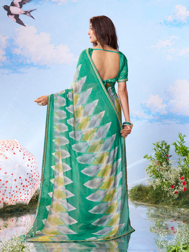 Green diamond printed chiffon saree party wear