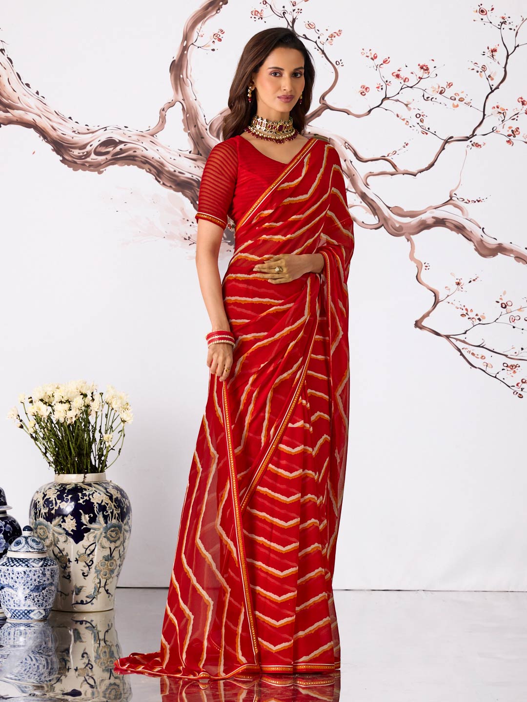 Red leheriya printed georgette saree daily wear