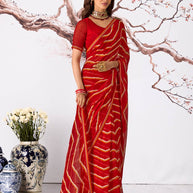 Red leheriya printed georgette saree daily wear