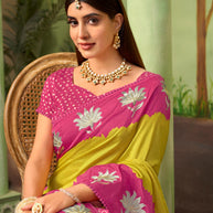 Mustard embroidered silk blend saree festive wear