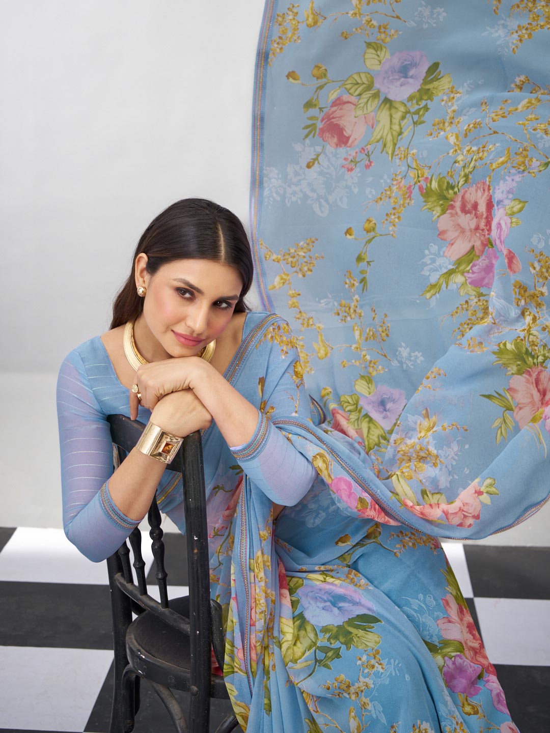 Blue floral georgette saree casual look
