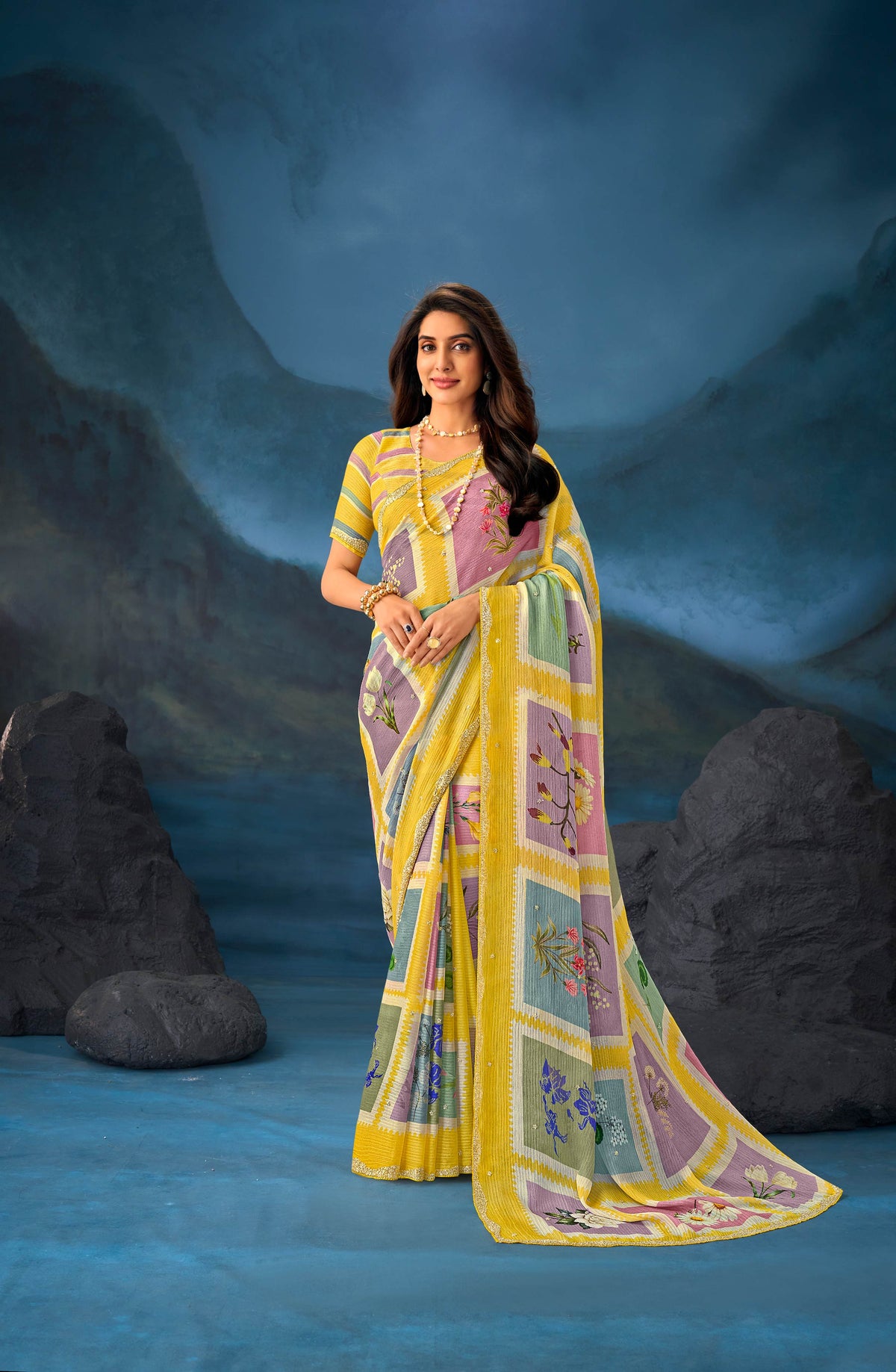 Yellow Work chiffon saree party wear