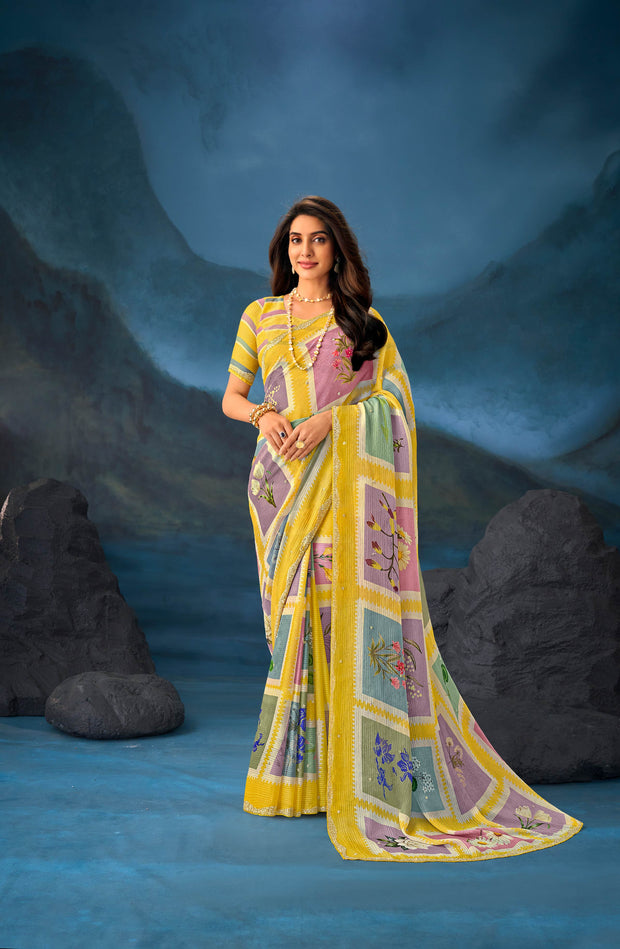 Yellow Work chiffon saree party wear