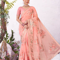 Pink floral embroidered chiffon saree elegant look