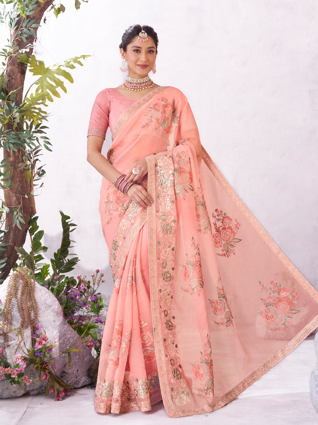 Pink floral embroidered chiffon saree elegant look