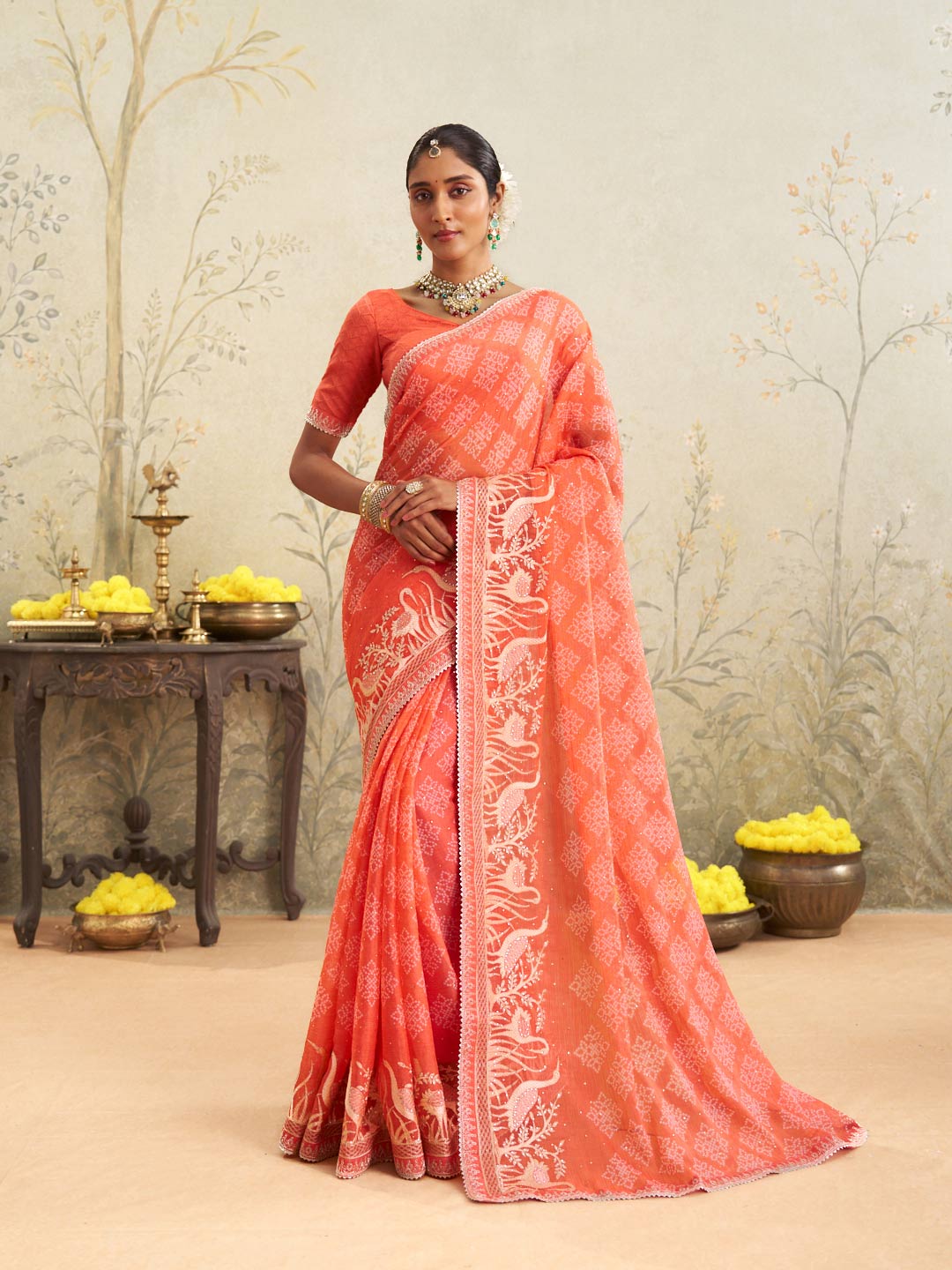 Orange embroidered chiffon saree party wear