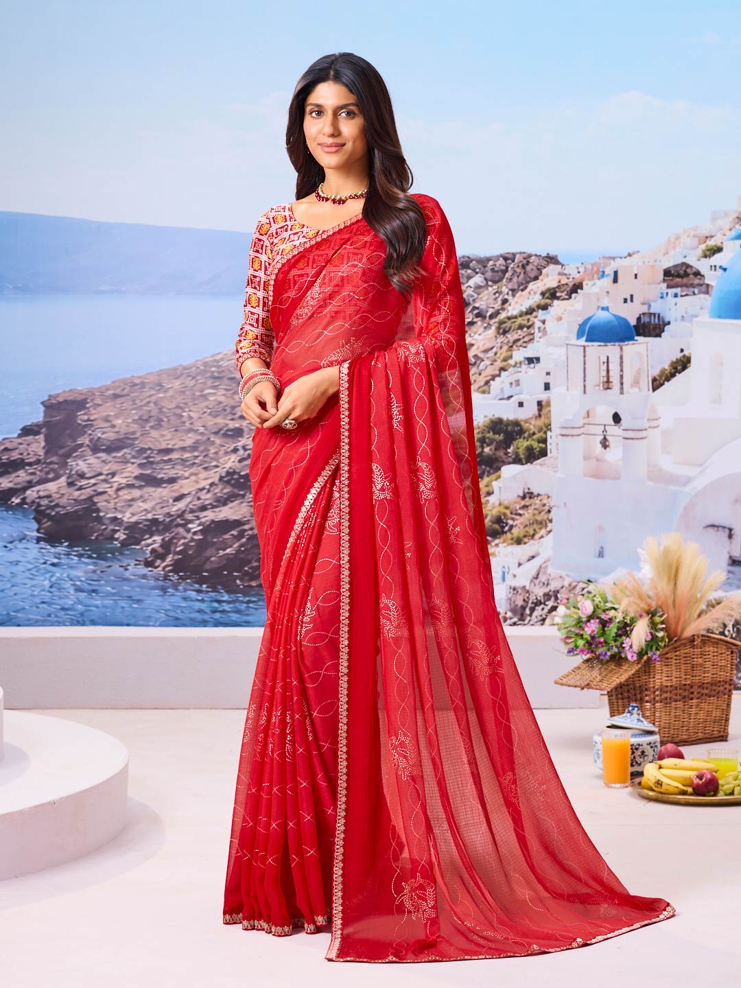 Red floral chiffon saree