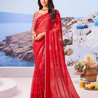 Red floral chiffon saree