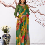 Green geometric printed georgette saree festive wear
