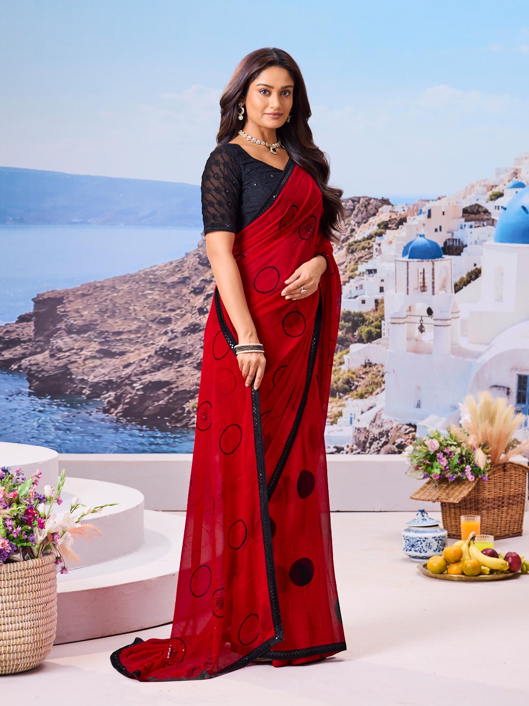 Designer red saree modern pattern