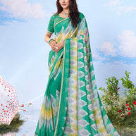 Green geometric printed chiffon saree daily wear 