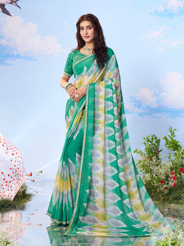 Green geometric printed chiffon saree daily wear 