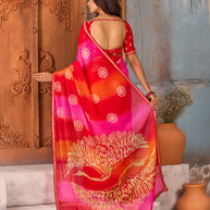Red bandhani printed chiffon saree party wear