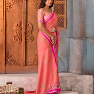 Pink floral printed silk blend saree casual wear
