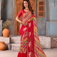 Red striped chiffon saree daily wear