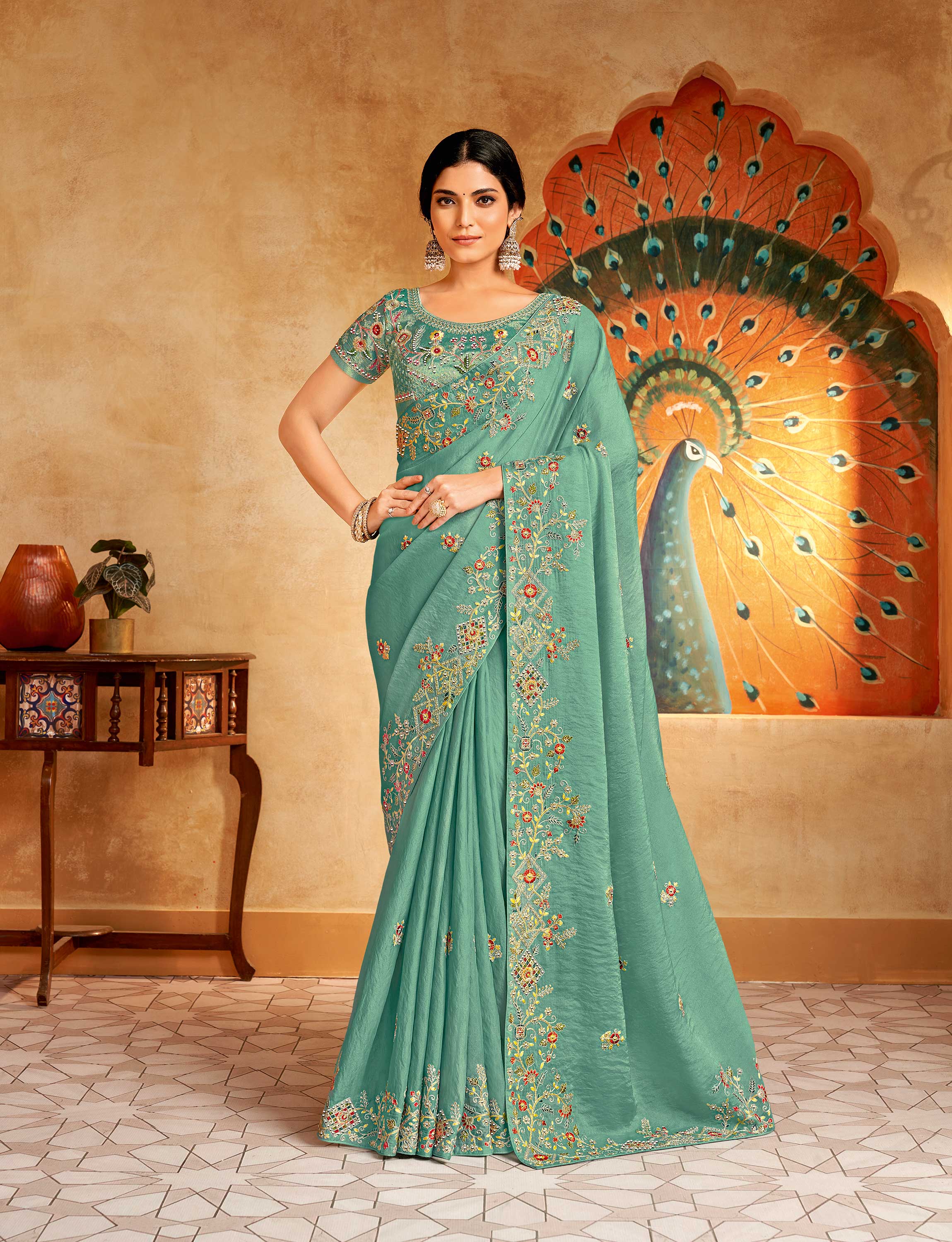 green chiffon floral embroidered border saree