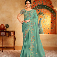 green chiffon floral embroidered border saree
