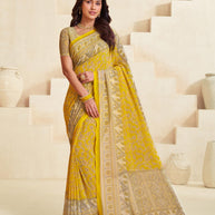 Yellow floral geometric georgette saree trendy style