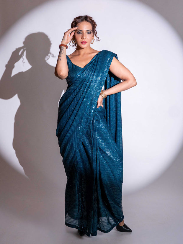 Blue sequin embroidered georgette saree party wear