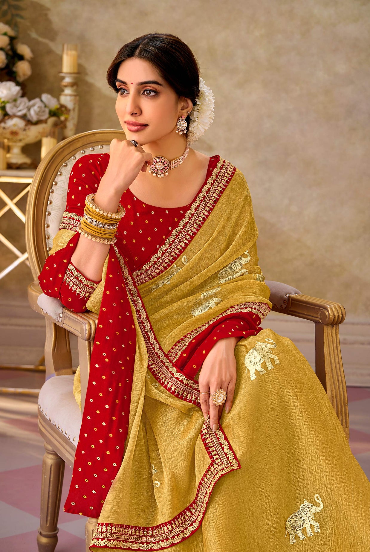 Mustard embroidered chiffon saree daily wear