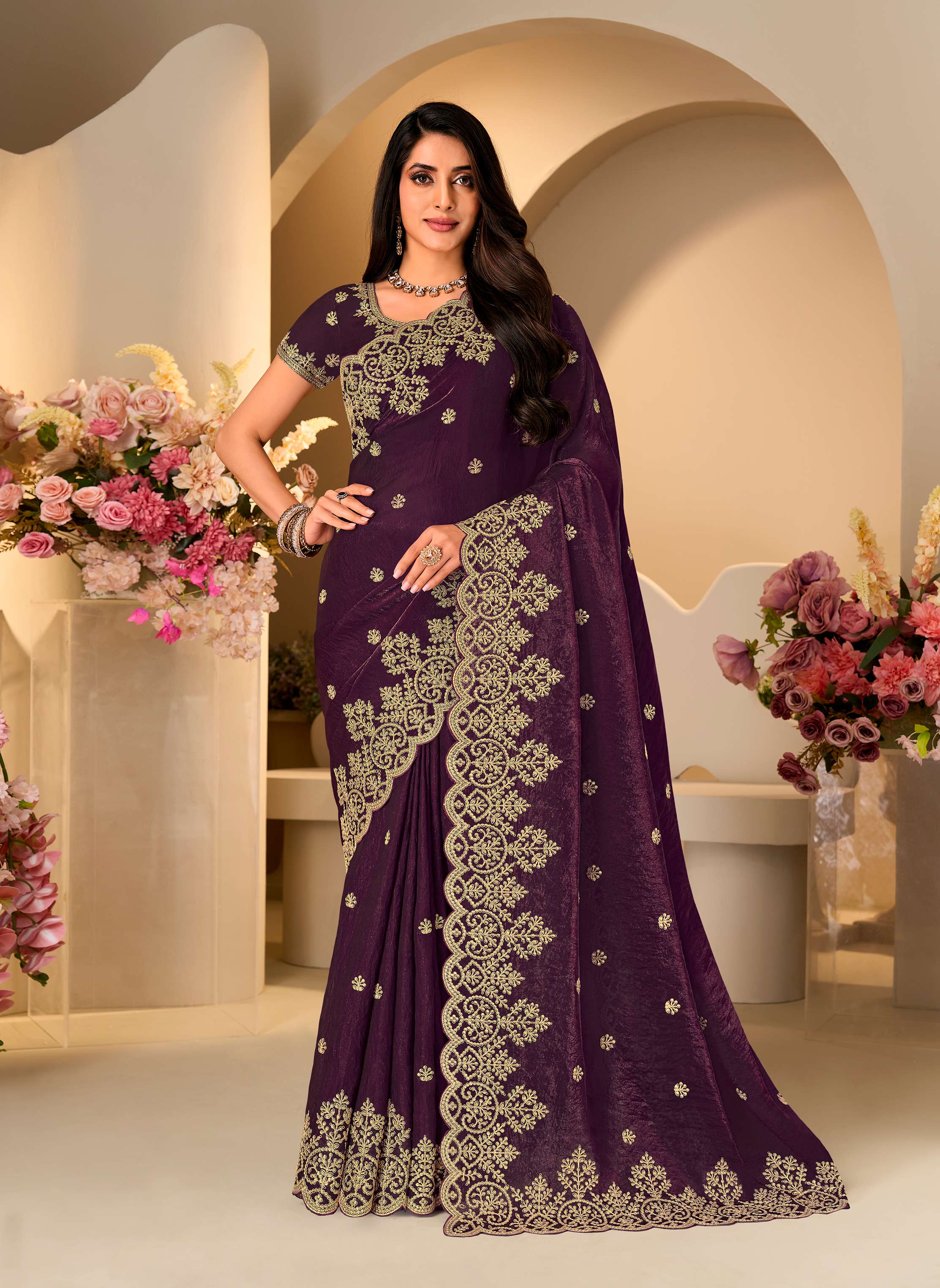 Wine floral embroidered tissue organza saree party wear