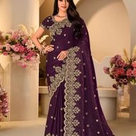 Wine floral embroidered tissue organza saree party wear