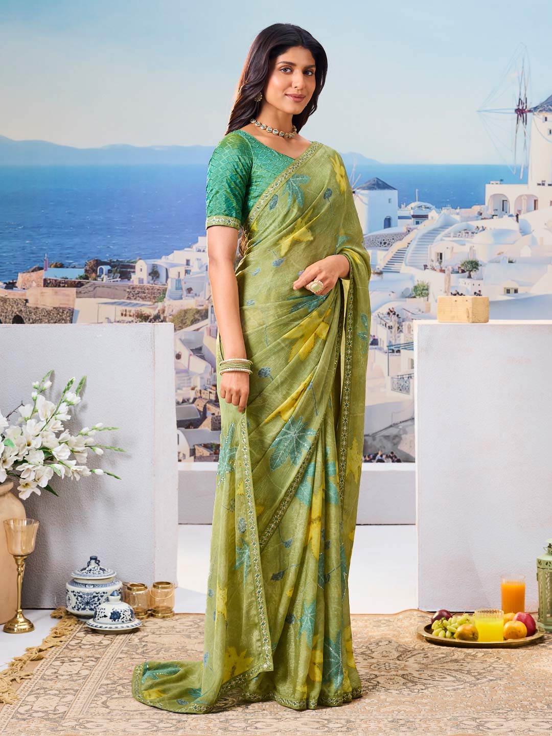 Stylish green printed saree
