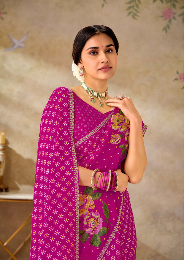 Pink embroidered chiffon saree party wear