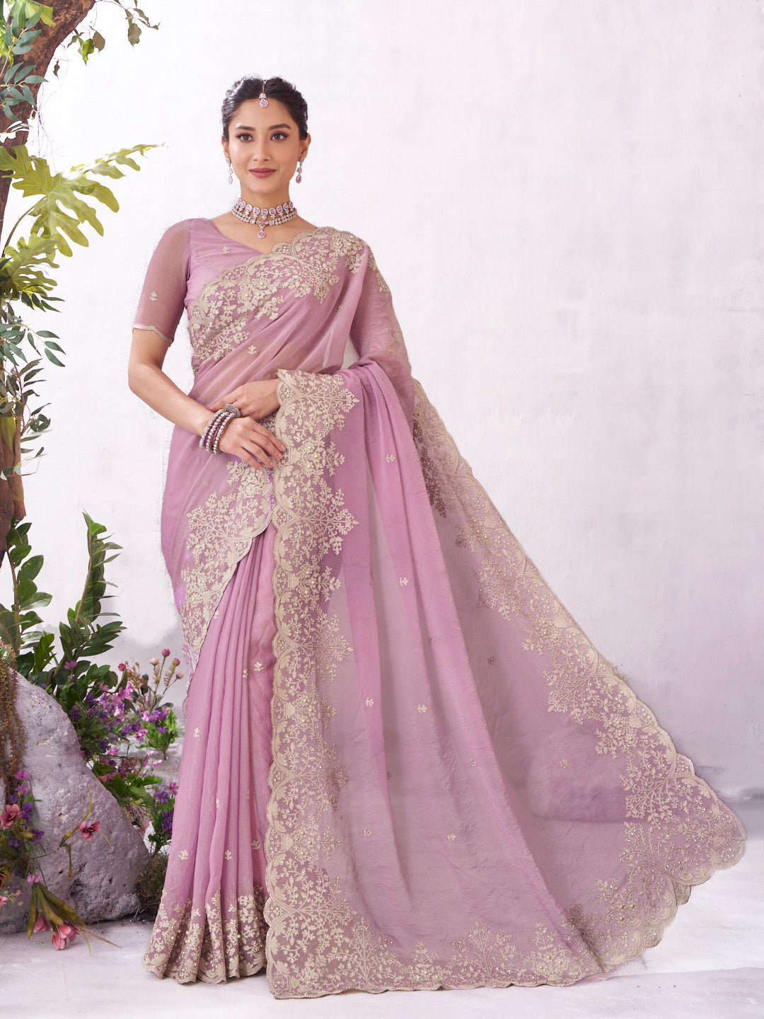 Pink floral embroidered chiffon saree elegant wear