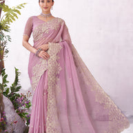 Pink floral embroidered chiffon saree elegant wear