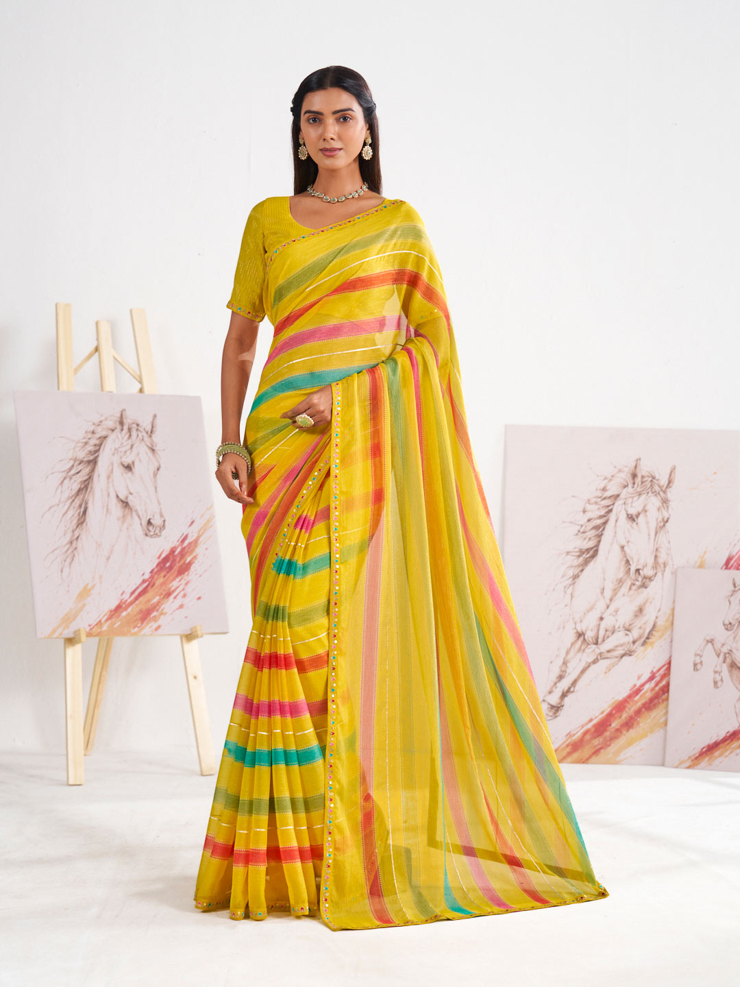 Laxmipati Murli Yellow Chiffon Striped Saree